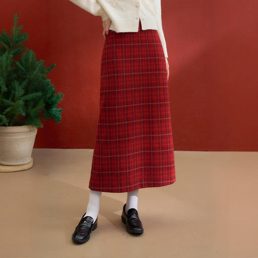 西遇复古红色棋盘格纹毛呢裙女冬季新款高腰显瘦A字半身裙V3755283 商品图4