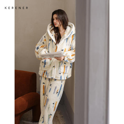 可人儿原创冬季舒棉绒女士连帽睡衣加厚保暖可外穿珊瑚绒家居服 商品图3