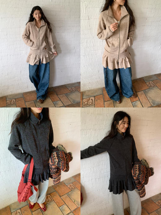 素舶 磨毛软糯荷叶边下摆遮跨显瘦内里格纹立领卫衣外套 商品图2