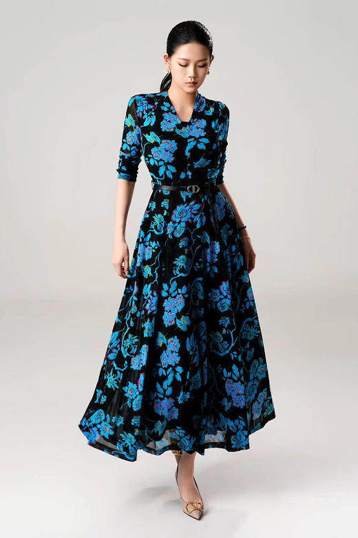 SZ3S78_监德色_连衣裙_春夏_V领七分袖腰带收腰A字大摆长款垂感雪纺_高级女装_BERNIEELEN 伯妮斯茵 商品图3