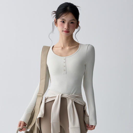 跃牌【禅语梵心】螺纹带胸垫软糯瑜伽服女显瘦跑步运动T恤长袖健身服上衣CX3483 商品图0