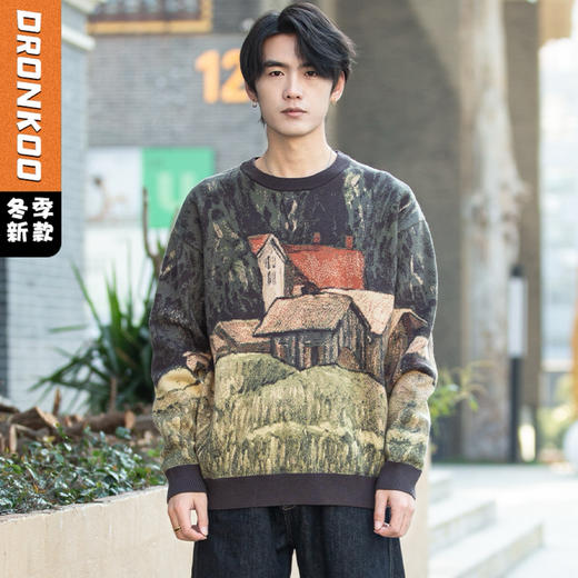 DRONKOO 2025 圆领满幅房屋田园风提花微阔厚毛衣 商品图0