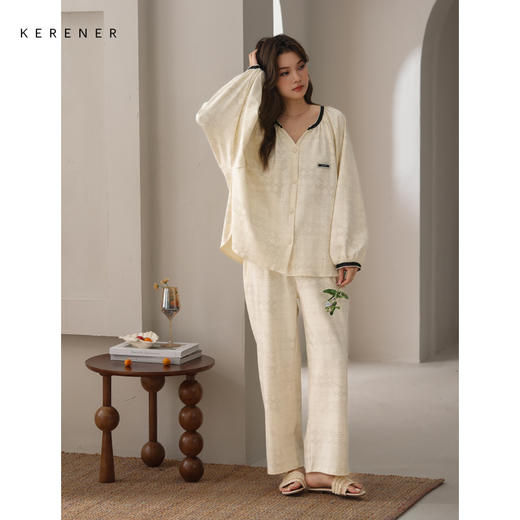 可人儿春秋季带胸垫奥力棉女士长袖长裤睡衣可外出纯棉家居服套装 商品图3