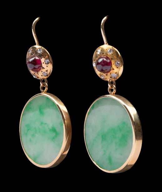 独角鹿西洋古董1900年代欧洲出品14K黄金镶嵌钻石红宝石及圆形飘花翡翠耳环一对 商品图4