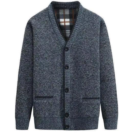 新款新品  冬季中年男加绒毛衣开衫 加厚V领中老年爸爸装针织外套中年男士毛衣外套 商品图0