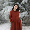 特绽放728朵/影格·色织亚麻格纹花边领腰部系带收腰长袖连衣裙女 商品缩略图0