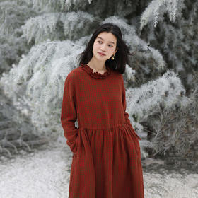 特绽放728朵/影格·色织亚麻格纹花边领腰部系带收腰长袖连衣裙女