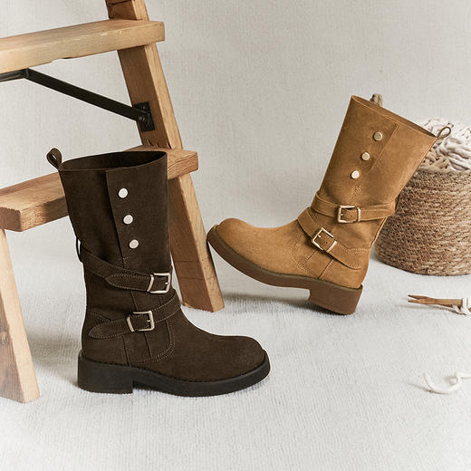 千百度美拉德西部牛仔靴女厚底踢不烂骑士靴高筒长靴A25509203 商品图1