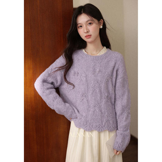 鹿向南「蝶影栖香」紫色长袖针织毛衣女秋冬小众宽松慵懒感上衣 商品图0