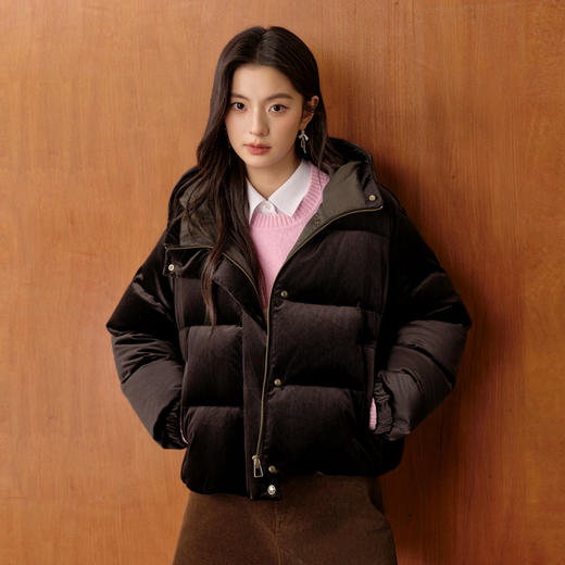 【严选】诗凡黎经典丝绒哑光短款羽绒服2025冬新款加厚保暖防风连帽面包服7GA380351 商品图2