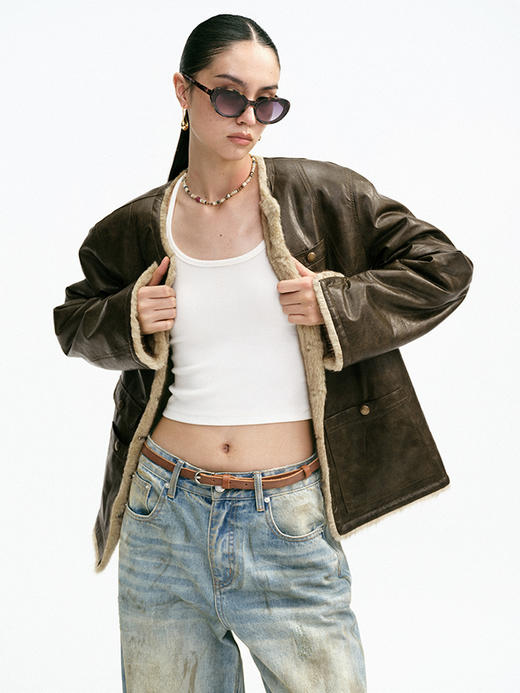 TR她热 老钱俱乐部 复古绿做旧油蜡皮拼仿貂毛双面穿皮毛一体 商品图1