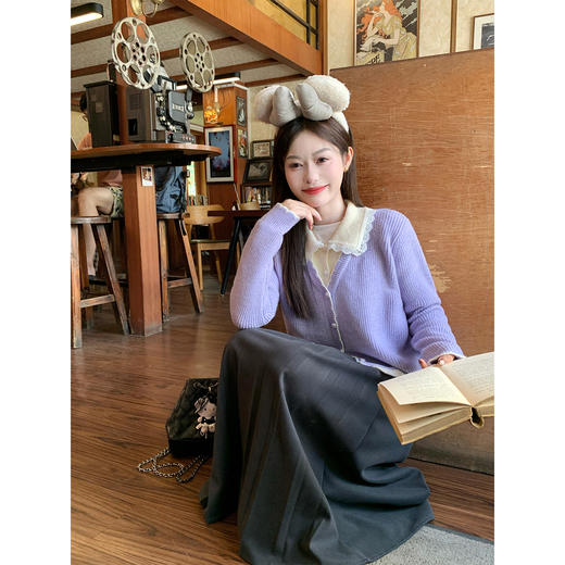 【189元任选2件】现货！紫色拼接杏色翻领毛衣开衫 商品图4