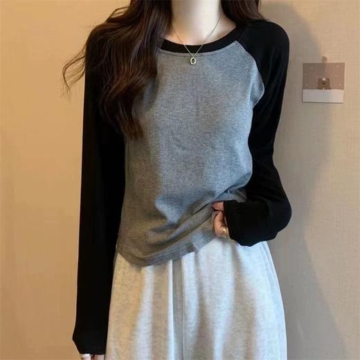 百蓝茵螺纹棉拼接插肩打底衫纯欲风秋季新款正肩上衣女圆领时尚休闲长袖★ 商品图1