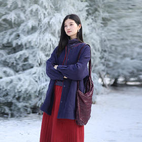 绽放727朵/加厚亚麻绗棉落肩长袖开襟中长款棉服冬新中式棉衣外套