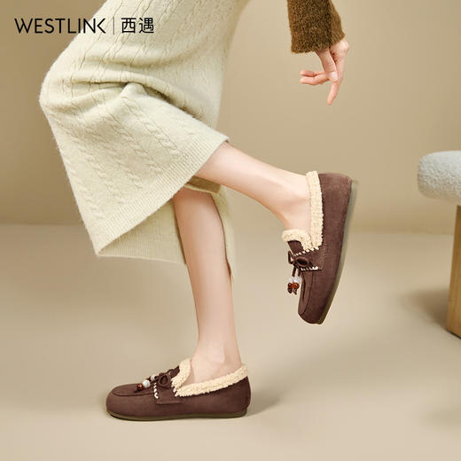 西遇加绒勃肯鞋女新款冬季复古一脚蹬外穿保暖棉鞋毛毛乐福鞋V2257289 商品图3