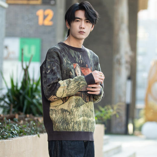 DRONKOO 2025 圆领满幅房屋田园风提花微阔厚毛衣 商品图2