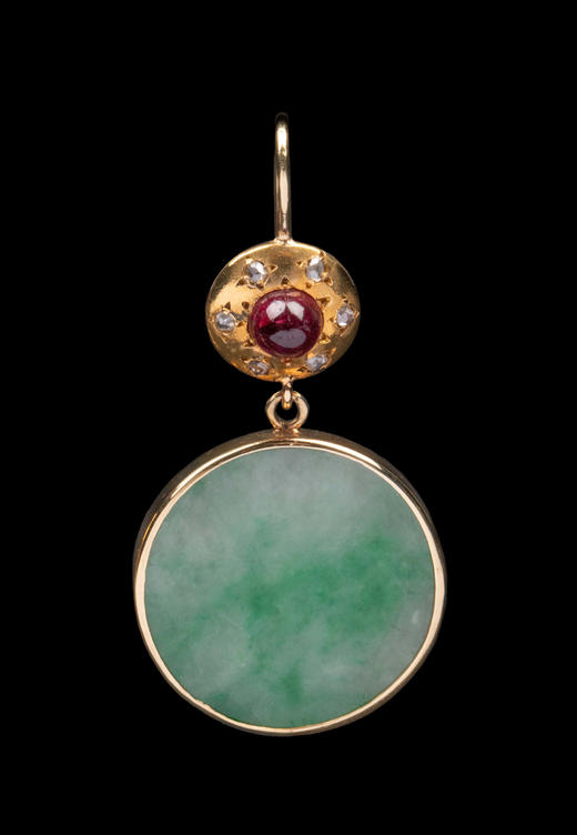 独角鹿西洋古董1900年代欧洲出品14K黄金镶嵌钻石红宝石及圆形飘花翡翠耳环一对 商品图2