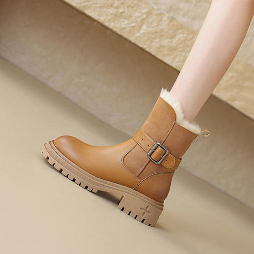 【预售5天】真皮圆头松糕底冬季皮毛一体舒适毛毛靴短筒时尚雪地靴YMT&A680 商品图3