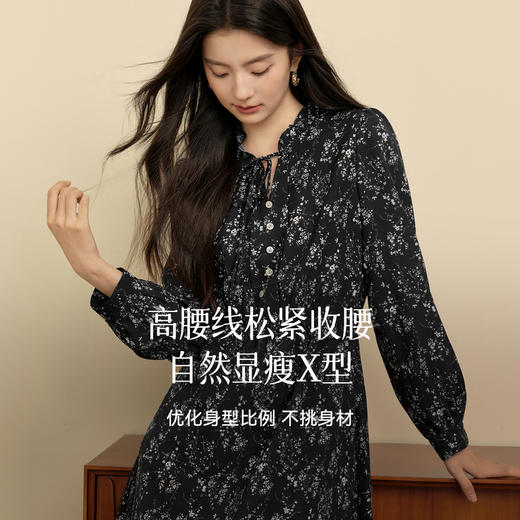 【严选】孟子义代言诗凡黎经典小碎花连衣裙25秋冬新款立领木耳边收腰裙子7GA390821 商品图2
