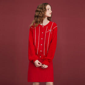 笛莎Deesha 童装女童套装2025冬新款新年毛织开衫半裙套装