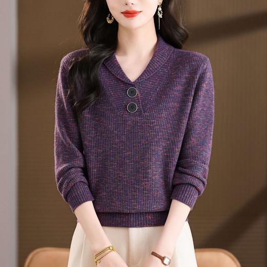X26761-148复古V领双扣亮丝针织衫女酒红色气质外穿宽松毛衣短款冬季打底衫 商品图3