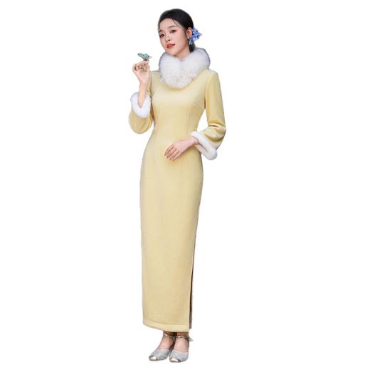 XLY25162复古黄色加绒秋冬国风中式旗袍长袖女2025高端连衣裙年轻新款收腰 商品图4