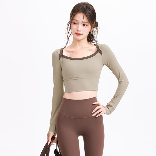 跃牌【禅语梵心】裸感撞色微笑领瑜伽服长袖半固定杯跑步修身运动文胸健身服上衣CX5697 商品图1