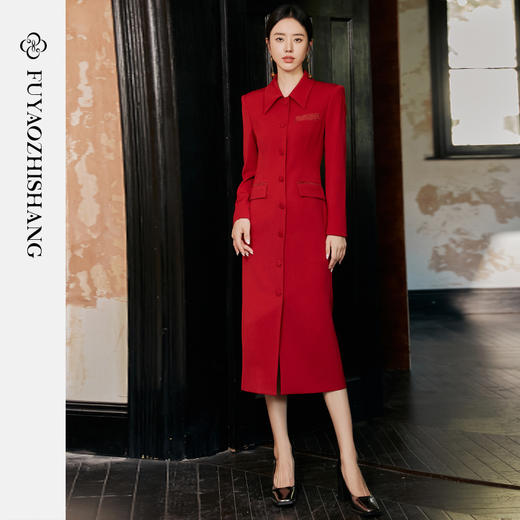 FUYAO扶摇 醋酸西装连衣裙女中国风年会妈妈婚宴礼服大红色裙子 商品图3