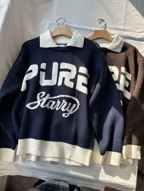 贝壳三 美式复古字母提花假两件毛衣学院风翻领长袖针织衫C102814