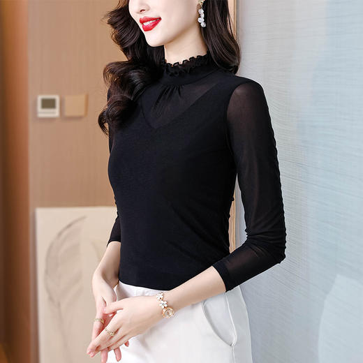 蕾丝网纱荷叶边修身高领打底衫修身显瘦T恤K-C302N1728 商品图0