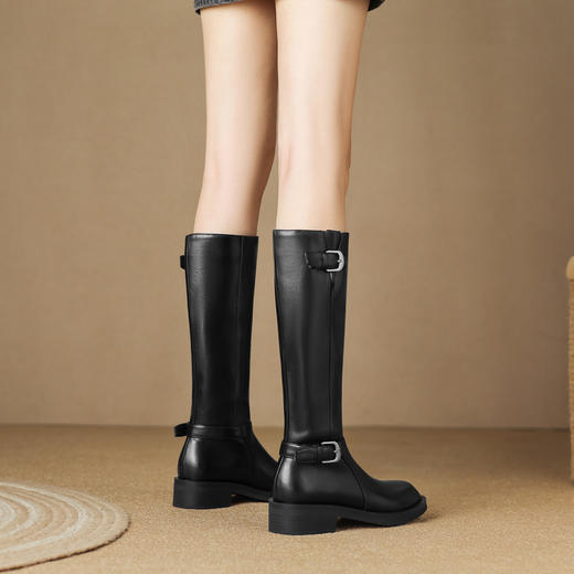 【预售7天】复古圆头粗跟皮带扣秋冬双色油蜡胎牛皮长筒靴百搭时尚显瘦时装靴LD&7520 商品图1