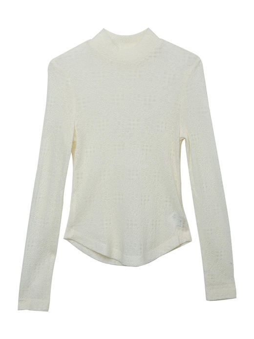 复古风半高领米白色格纹肌理长袖针织衫 修身显瘦不规则下摆内搭打底上衣 商品图0