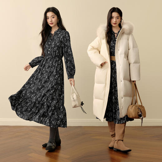 【严选】孟子义代言诗凡黎经典小碎花连衣裙25秋冬新款立领木耳边收腰裙子7GA390821 商品图1