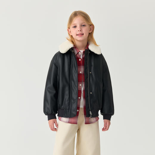 马克珍妮女童可拆卸毛领甜酷夹棉皮衣夹克2025年冬装新款551560 商品图3