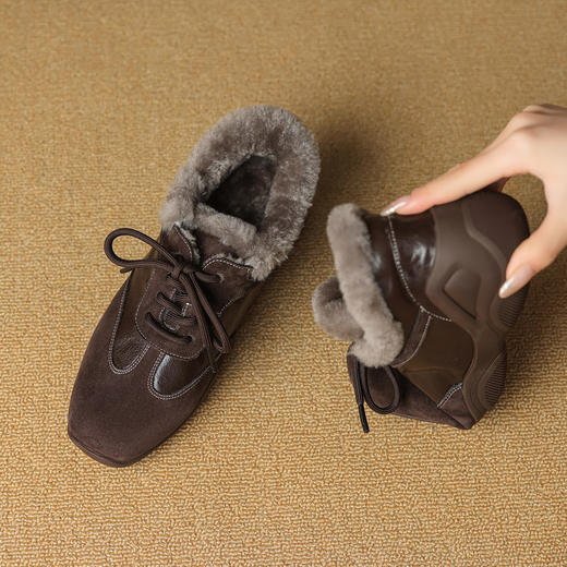 【预售5天】超软羊皮加厚羊羔毛保暖系带小皮鞋女秋冬真皮深口毛毛单鞋SSS&S9162M 商品图0