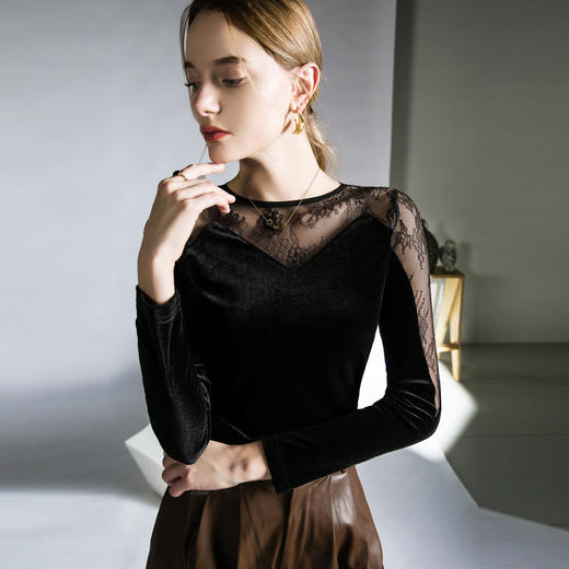 洋气设计感蕾丝上衣，拼接黑色丝绒性感T恤法式别致小衫XD-FN23TX1002 商品图1