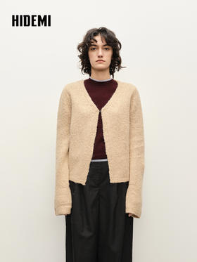 HIDEMI 粗针羊驼毛慵懒系开衫 灰雾紫/米驼色