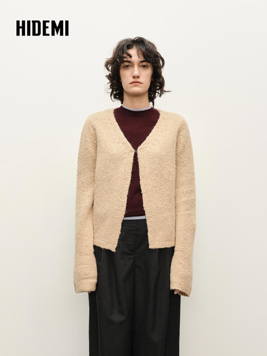 HIDEMI 粗针羊驼毛慵懒系开衫 灰雾紫/米驼色 商品图0