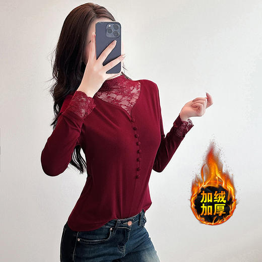 KQL 359H8363加厚磨毛蕾丝拼接半高领修身打底衫 商品图1