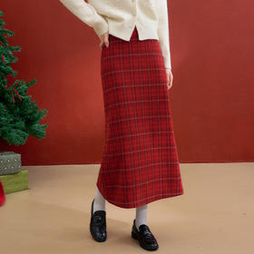 西遇复古红色棋盘格纹毛呢裙女冬季新款高腰显瘦A字半身裙V3755283
