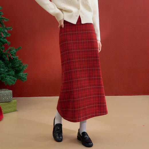 西遇复古红色棋盘格纹毛呢裙女冬季新款高腰显瘦A字半身裙V3755283 商品图0