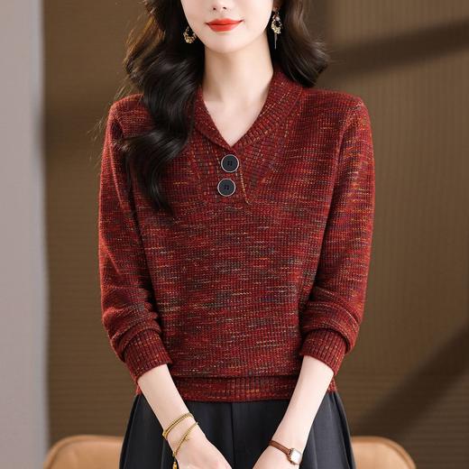 X26761-148复古V领双扣亮丝针织衫女酒红色气质外穿宽松毛衣短款冬季打底衫 商品图0
