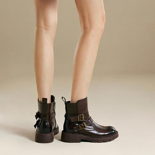 千百度厚底西部牛仔靴女加绒保暖增高时装靴超火短靴A25525012 商品图2