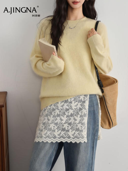 【100%羊毛】阿菁娜秋季新款100%羊毛拉毛针织衫云朵触感松弛感廓形F30D301003 商品图0