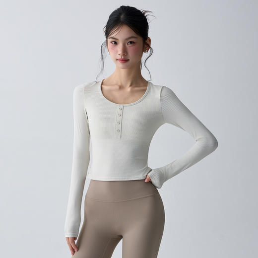 跃牌【禅语梵心】螺纹带胸垫软糯瑜伽服女显瘦跑步运动T恤长袖健身服上衣CX3483 商品图2
