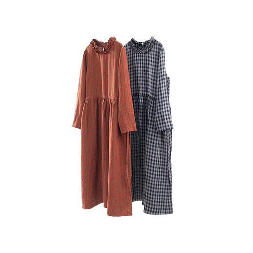 特绽放728朵/影格·色织亚麻格纹花边领腰部系带收腰长袖连衣裙女 商品图4