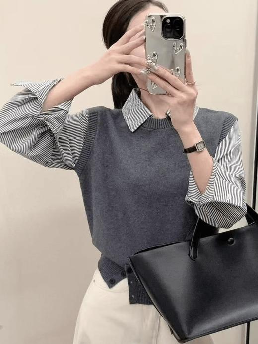 百蓝茵高级感假两件马甲拼接衬衣领下摆开扣长袖上衣女装气质毛衣针织衫★ 商品图2