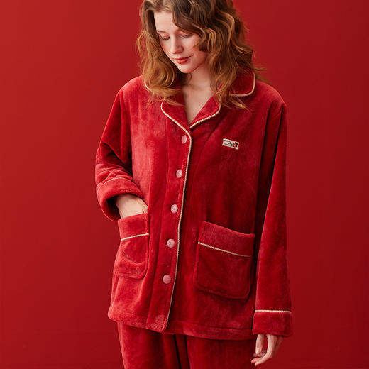 芬腾情侣睡衣秋冬季珊瑚绒套装女款加绒红色本命年结婚男士家居服 商品图1