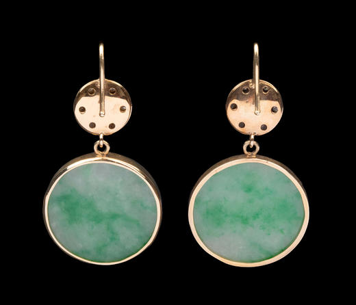 独角鹿西洋古董1900年代欧洲出品14K黄金镶嵌钻石红宝石及圆形飘花翡翠耳环一对 商品图5