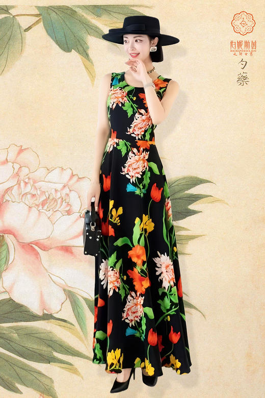 SZ3S82_朱柿色_连衣裙_春夏_圆领无袖收腰A字大摆长款彩色花卉_高级女装_BERNIEELEN 伯妮斯茵 商品图0